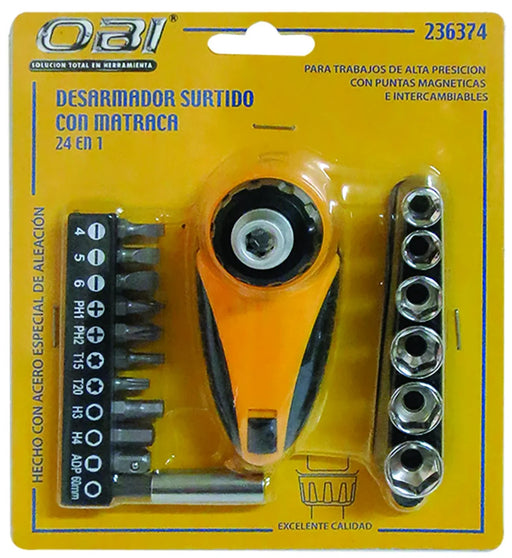 (236374) JUEGO DE DESARMADOR DE MATRACA C/ DADOS Y PUNTAS 24 PZAS